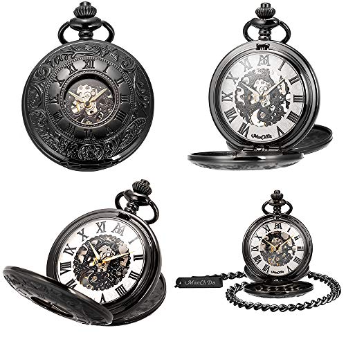 Image of ManChDa Mechanical Roman Numerals Dial Skeleton Pocket Watches with Box and Chains for Mens Women