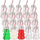 Jingmore Baderke 20 Set Christmas Plastic Tree Bottles with Straws Set Including Tree Drink Empty Bottles & Straws and Caps for Christmas Party Juice Milk Cup Drink Water Containers