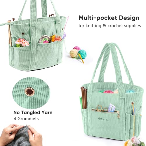 Image of MYBAGZING Corduroy Crochet Bag 11.5 inch Large Yarn Storage Tote with Grommets, Needle Holders - Knitting Bag Organizer for Crochet Hooks, Accessories, Tools & Projects -Gift for Knitters & Crafters