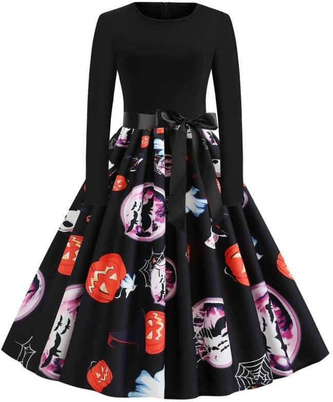 ハロウィン ワンピース レディース 可愛い 魔女 コスプレ イベント コスチューム 長袖 ハロウィンコス パーティー 衣装 秋のレトロ祭りミディアムa字スカートプリントクルーネック長袖大振りワンピース ドレス S M L Xl Xxl あす楽対応