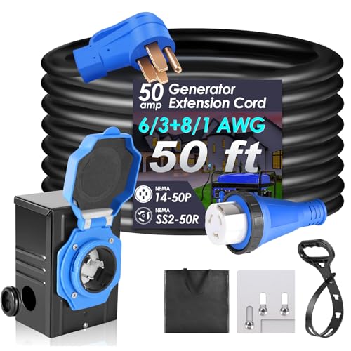 Seeutek 50 Amp Generator Cord, 4 Prong 50 FT Generator Extension Cord with Pre-drilled Power Inlet Box & Interlock Kit, NEMA 14-50P/SS2-50P Functional Cable, High Conductivity, ETL Listed