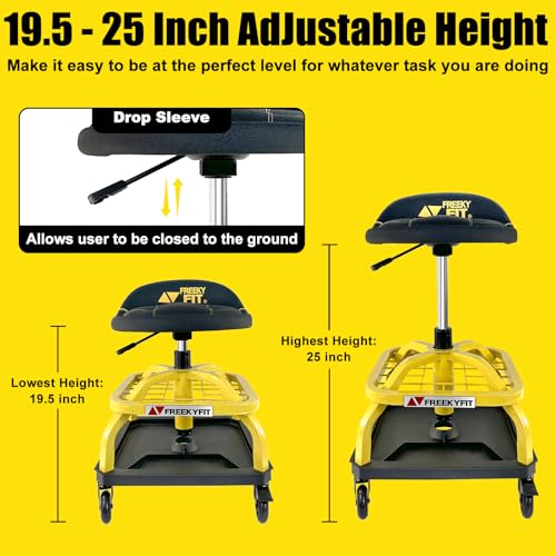 Rolling Shop Stool with Wheels, Garage Work Mechanic Stool with Backrest, Roller Mechanic Chair, Adjustable Height, 360° Swivel, Tool Tray Storage, 330 LBS Capacity, Heavy Duty, Yellow
