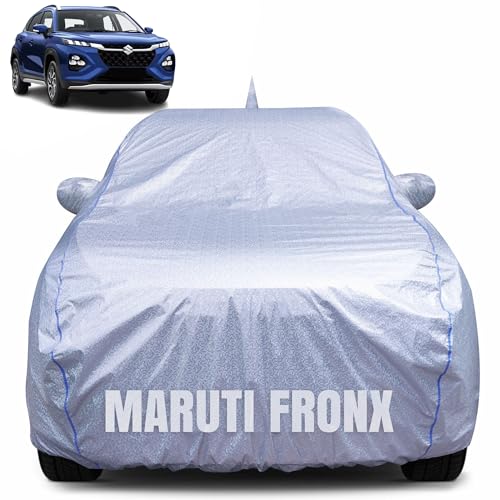 Image of 100% Waterproof Car Body Cover for Maruti Suzuki Fronx (2012-2024) with Mirror Pocket, Heat & UV Resistant, Triple Stitched, Soft Lining, Bottom Elastic & Piping (Silver Reflective)