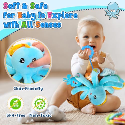 HappyKidsClub Plüsch Oktopus Baby Spielzeug 0-18 Monate – mit 8 hängenden Sensory-Spielzeugen & Spiegel– Baby Montessori Motorikspielzeug für Kinderwagen, Kinderbett (waschbar, Bio-Baumwolle)