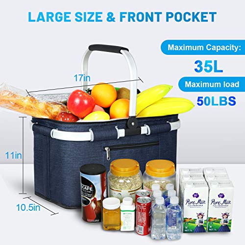 LIQING 35L Large Picnic Basket 2 Layers of Internal Pockets Leak-Proof and Insulated ，Folding with Internal Support for enhansed Stability, Wedding Gifts for Couple(Navy Blue) by LIQING - Image 2