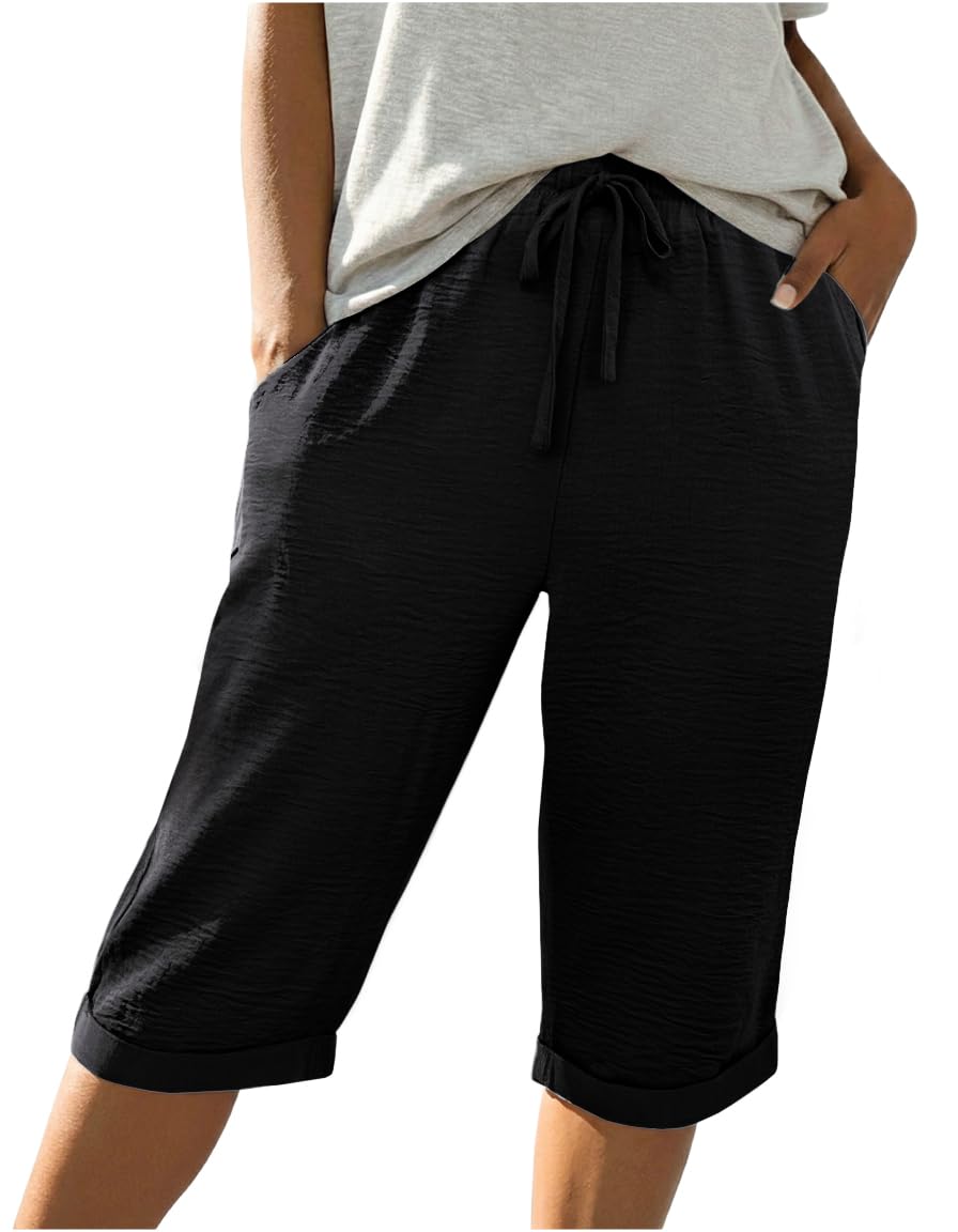IWOLLENCE Kurze Hose Damen Sommer Knielange Hosen Shorts Sommerhosen Leicht Baggy Strand Mit Kordelzug Mit Taschen Mit festem Umschlag am Saum Mit elastischem Bund (Schwarz, XL)