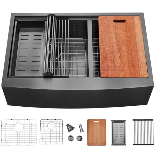 SHACO 33 Inch Divided 60/40 Black Farmhouse Sink, 33x22 Apron
