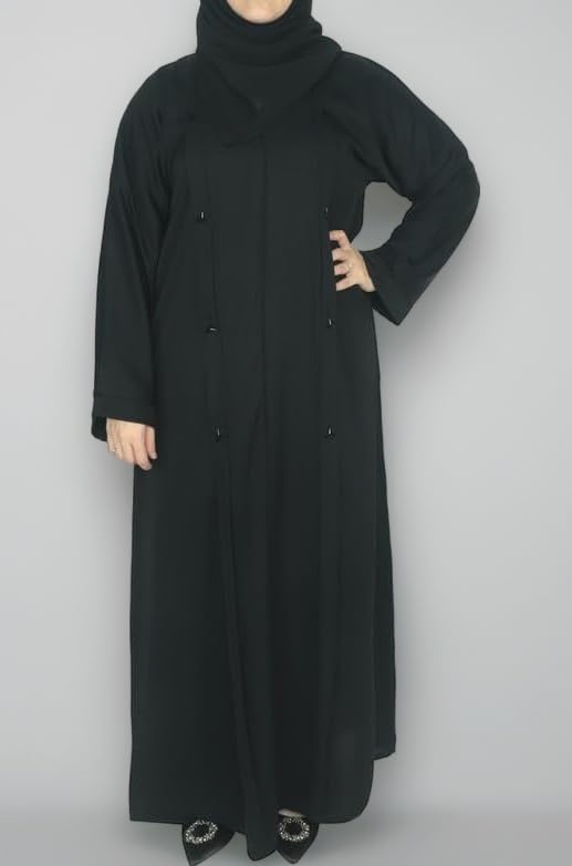 - Women's Elegant Closed Abaya, Pleated Style | Triangle Pipe Work | Matching Head Scarf | Everyday/Office Wear| Nida| Black| Made in UAE