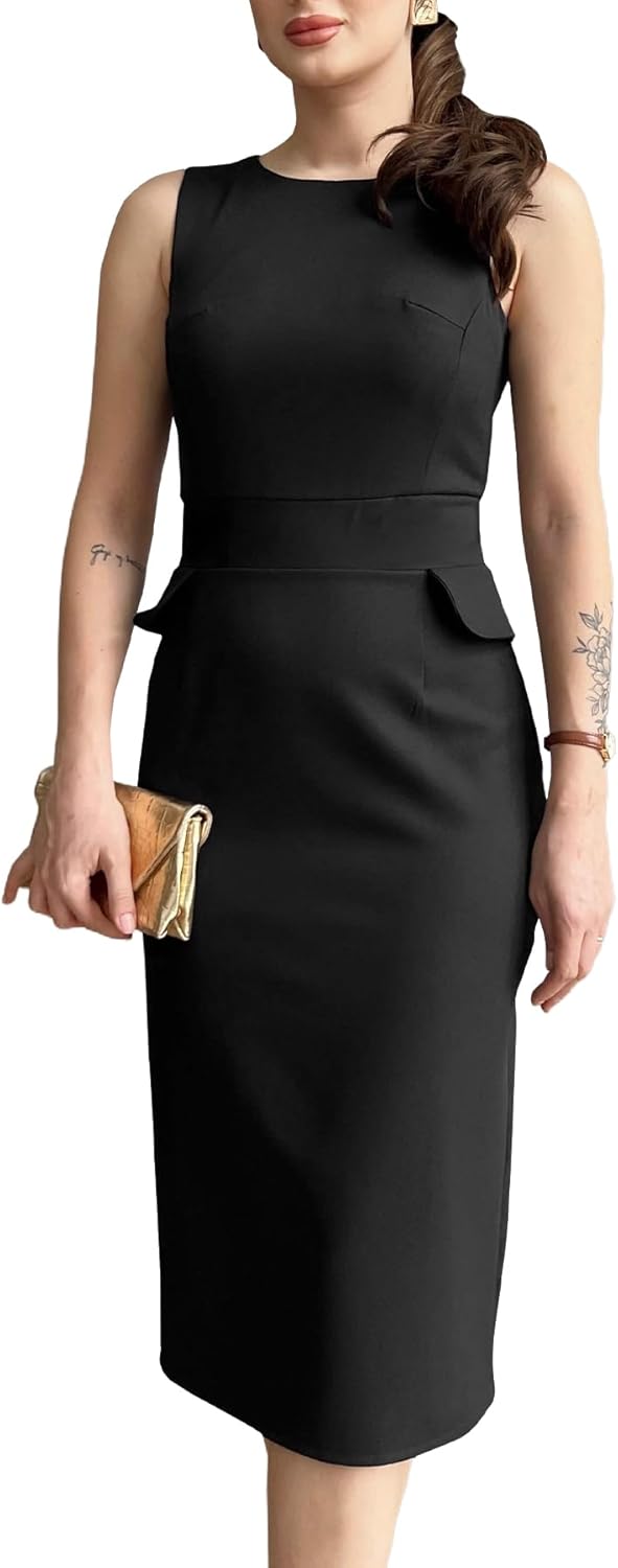 Women's Crew Neck Elegant Sleeveless Midi Bodycon Dress Work Cocktail Pencil Dresses