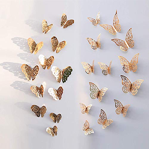 NATEE 24pcs Pegatinas Decorativas de Pared, Decoración de Mariposa de Pared, Pegatinas 3D de Pared, Decoración de Pared Creativa Sujeción Perfecta Súper Vivo 12 10 8CM Dorada Todo Tipo de Pared