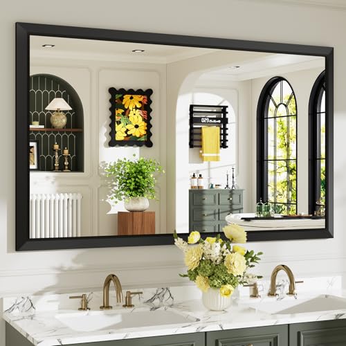 Image of 60x36 Inch Black Bathroom Mirror for Wall, Beveled Framed Rectangle Bathroom Vanity Mirrors for Over Sink, Bedroom, Living Room, Entryway, Anti-Rust, HD Tempered Glass, Horizontally /Vertically