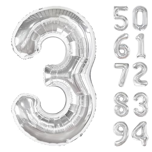 Image of Silver 3 Balloon, Number Balloons 40 Inch, 3rd Birthday Decorations, Men Women Silver Party Supplies for Party Decorations, Number 3 Balloon