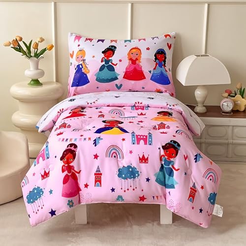 Image of 4 Piece Princess Toddler Bedding Sets for Girls,Pink Princess Comforter Sets,Ultra Soft Toddler Bed Set Includes Comforter, Flat Sheet, Fitted Sheet,Pillowcase