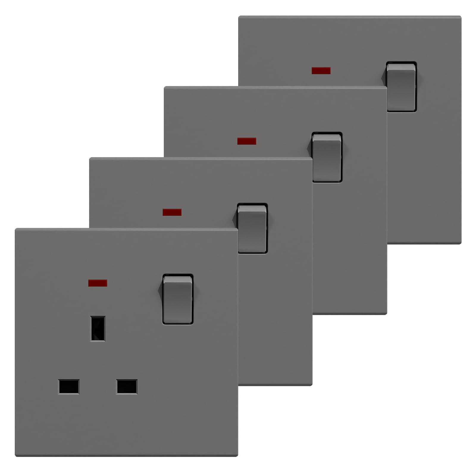 BSEED Single Socket 4 Pack, Electrical Single Switched Power Plug Wall Socket with LED Indicator, PC Wall Plate Outlet, Grey, 13A