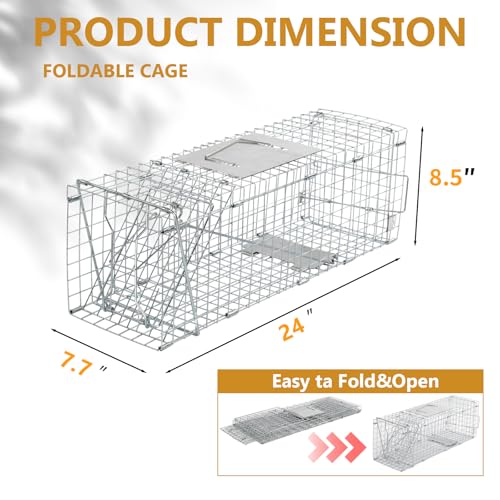 Outopee Live Animal Cage Trap, Folding Humane Cat Trap with Handle for Rabbits, Stray Cats, Squirrels, Raccoons, Skunk, Mole, Groundhogs and Opossums, 61x19x21cm, Silvery - Image 2