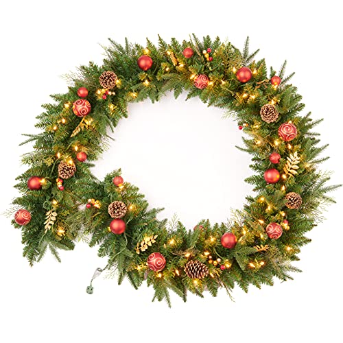 9FT Red Gold Christmas Garland Prelit with 70 Lights Plug inDecor for Fireplace Stairs Mantle Door Indoor Outdoor