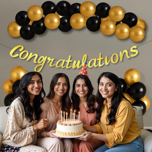 Image of Party Propz Congratulations Decoration Items - Set of 42 Pcs Congratulations Banner For Decoration | Black and Golden Balloons | Graduation Decoration | Happy Retirement Decoration (Latex, Cardstock)