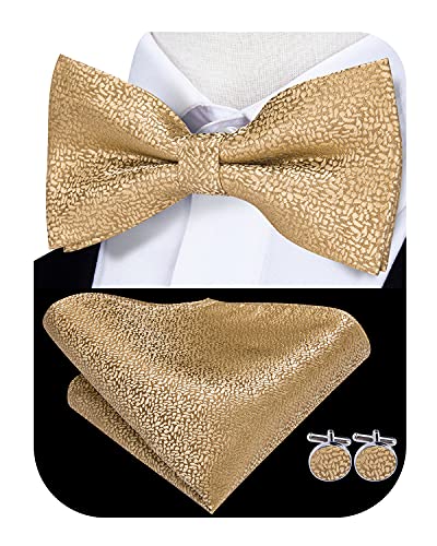 Hi-Tie Mens Gold Silk Bow Tie Wedding Classic Pretied Bowtie and Pocket Square Cufflinks Set Hi-Tie Mens Gold Silk Bow Tie Wedding Classic Pretied Bowtie and Pocket Square Cufflinks Set