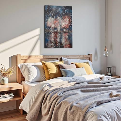 Image of Framed 4th of July Fireworks Cityscape Wall Art, Patriotic Abstract Canvas Art Pictures, USA Independence Day Wall Decor, Made in USA Ready to Hang for Living Room Bar