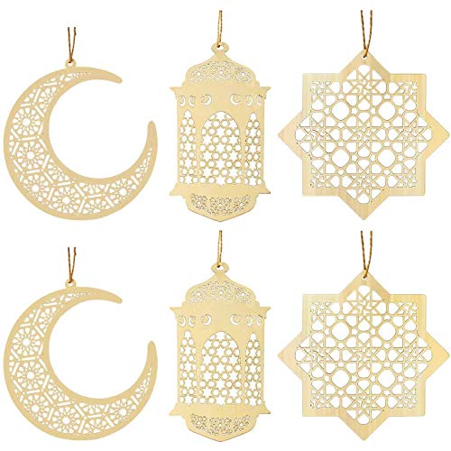 Kulannder 6 Piezas de Madera Hueco Colgante Ornamento Eid DIY Decoraciones con Luna Colgante luz de Viento Forma Ornamento para Eid Mubarak Musulmán, Fiesta de Boda en Casa.