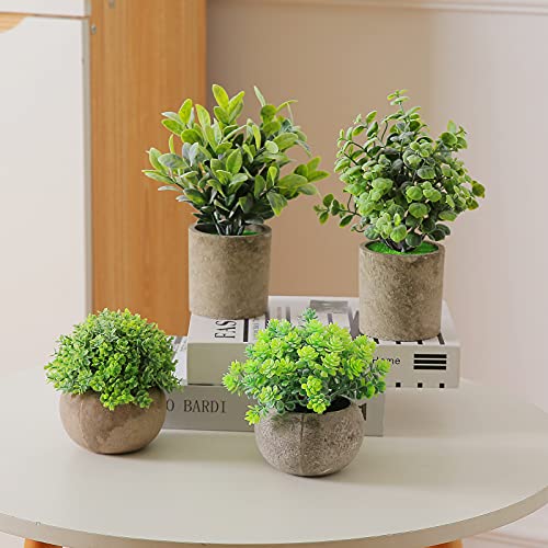 4 Packs Artificial Potted Plants -Fake Mini Plant with Pot Decorative Lifelike Faux Plastic Green Rosemary Topiary Shrubs Set for Home,Bedroom,Table,Office Decoration