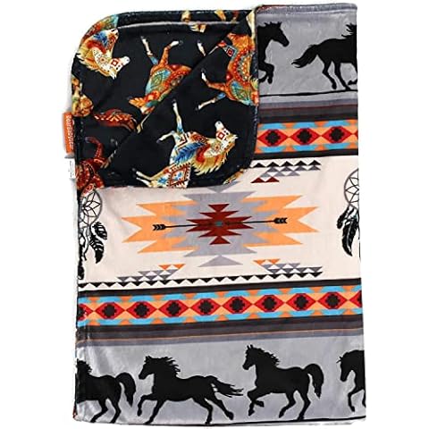 Dear Baby Gear Baby Blanket- Double Layer Blanket- Reversible Gender Neutral Baby Blankets- Nursery Blanket for Baby- Faux Quilt Soft Baby Blanket- Southwestern Tribal Horses Print- 38x29 Cover