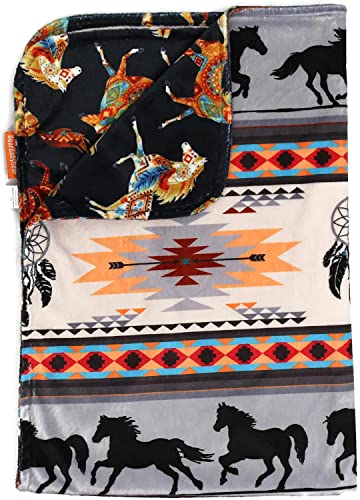 Image of Dear Baby Gear Deluxe Double Layer Baby Blanket - Gender Neutral Infant Blankets for Girls & Boys - Nursery Blanket for Newborn - Toddler Blankets - Southwestern Tribal Horses Print- 38x29