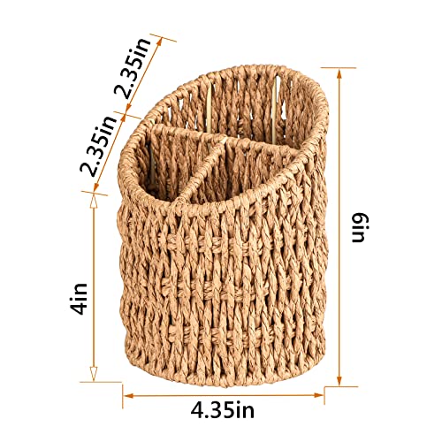 Dingtai Woven Pen Holders Wicker Decorative Pencil Holder Makeup Brush Holder 3 Compartments Round Pencil Holders For Desk Pencil Cups For Office & Home Woven Desk Organizer #TOP6