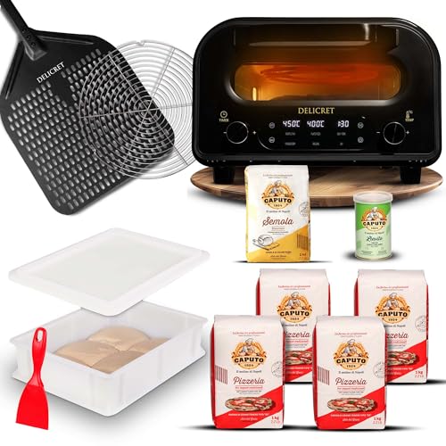 DELICRET elektrischer Pizzaofen 12” mit Pizzaschieber & Pizzateig Starter Kit für Pizza Napoletana - alle Zutaten aus der Pizzaheimat & beiliegenden Rezept-Guide der alles Verständlich erklärt