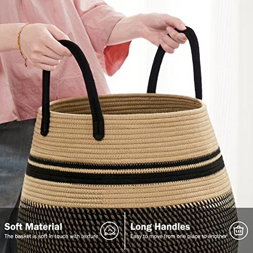 65L Cotton Rope Laundry Hamper By Fiona's Magic, Large Woven Tall Laundry Basket For Storage Clothes And Toy In Bedroom, Living Room Organizing, Collapsible, Brown & Black #TOP3