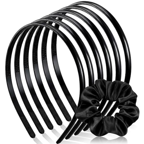Image of Pack of 6 Black Hairbands for Girls, Women & Kids | Stylish & Fancy Headbands | Cute Hair Accessories for Party, School & Outings + 1 Black satin Scrunchie free
