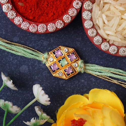 Image of eCraftIndia Beautiful Pastel Green and Purple Color Designer Rakhi for Brother | Raksha Bandhan Rakhi with Roli