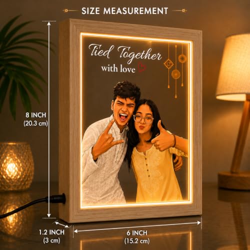 Image of Personalized Raksha Bandhan Acrylic LED Lamp with Custom Photo (Design 7) | Night Light, Brother Sister, Free Rakhi Included, Custom Photo