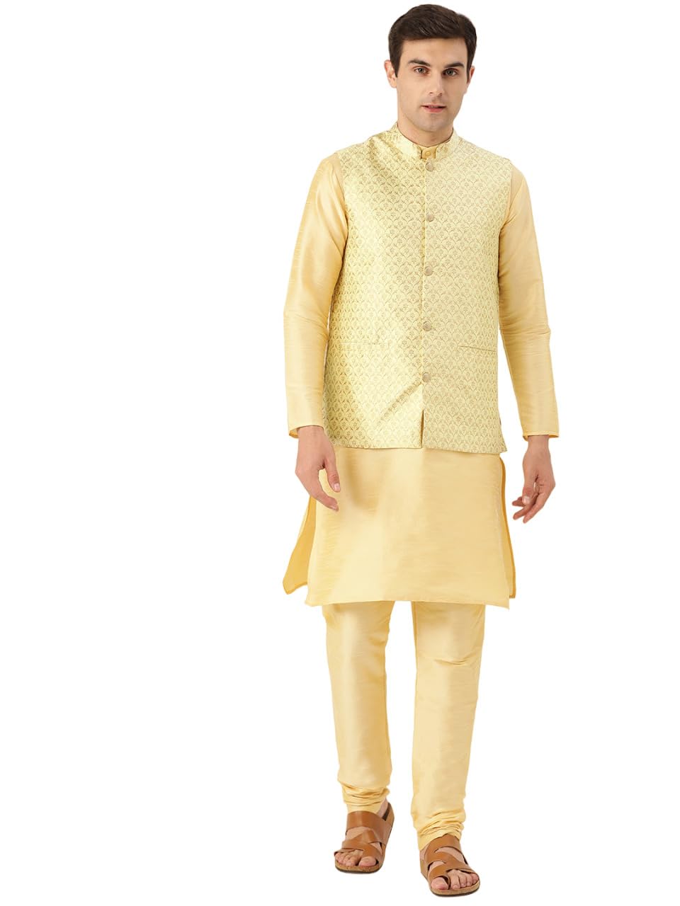 sojanya (Since 1958 Men's Silk Blend OffWhite Kurta Pyjama & Seagreen Nehrujacket Combo Size 38-picture-55