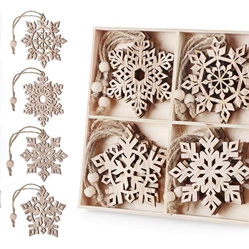 ilauke 16 pcs Unfinished Wood Snowflake Ornaments - 4 Styles with Twine, Tree Decorations & Surprise Tags (2.75"-3") 16 Pack