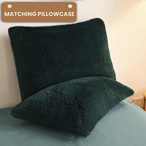 Mego Luxury Shaggy Plush Duvet Cover Set, Ultra Soft 3 Pieces Fluffy Faux Fur Comforter Cover Set, Fuzzy Bedding Set(1 Furry Duvet Cover + 2 Pillow Shams), Zipper Closure(Queen, Dark Green) #TOP3