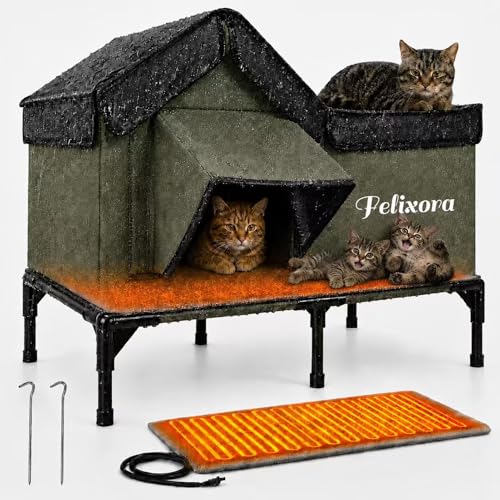 Heated Cat House for Outside Weatherproof Insulated Winter Shelter with Elevated Base & Clear Window Magnetic Escape Door for Safety Covered Large Outdoor Cat Shelter for Stray Barn Cats