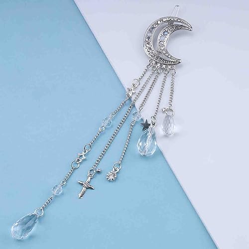 Miniatura 2 de Pasador de pelo bohemio de luna y estrella, pasador de pelo con forma de luna pavimentada, pasador de pelo con gota de cristal plateado, pasador de