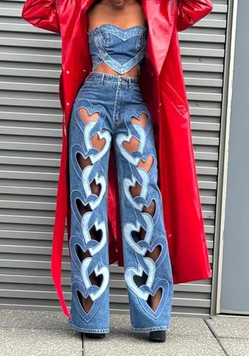 Tcremisa Womens Sexy Heart Hollow Out Ripped Jeans Stretch High Waist Straight Wide Leg Cut Out Baggy Denim Pants3