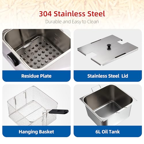 Garvee Commercial Deep Fryers, 11 L/10.45 Qts Detachable Extra Large with Temperature Control, Basket and Lid for Restaurants and Commercial Use(Stainless Steel, Sliver)