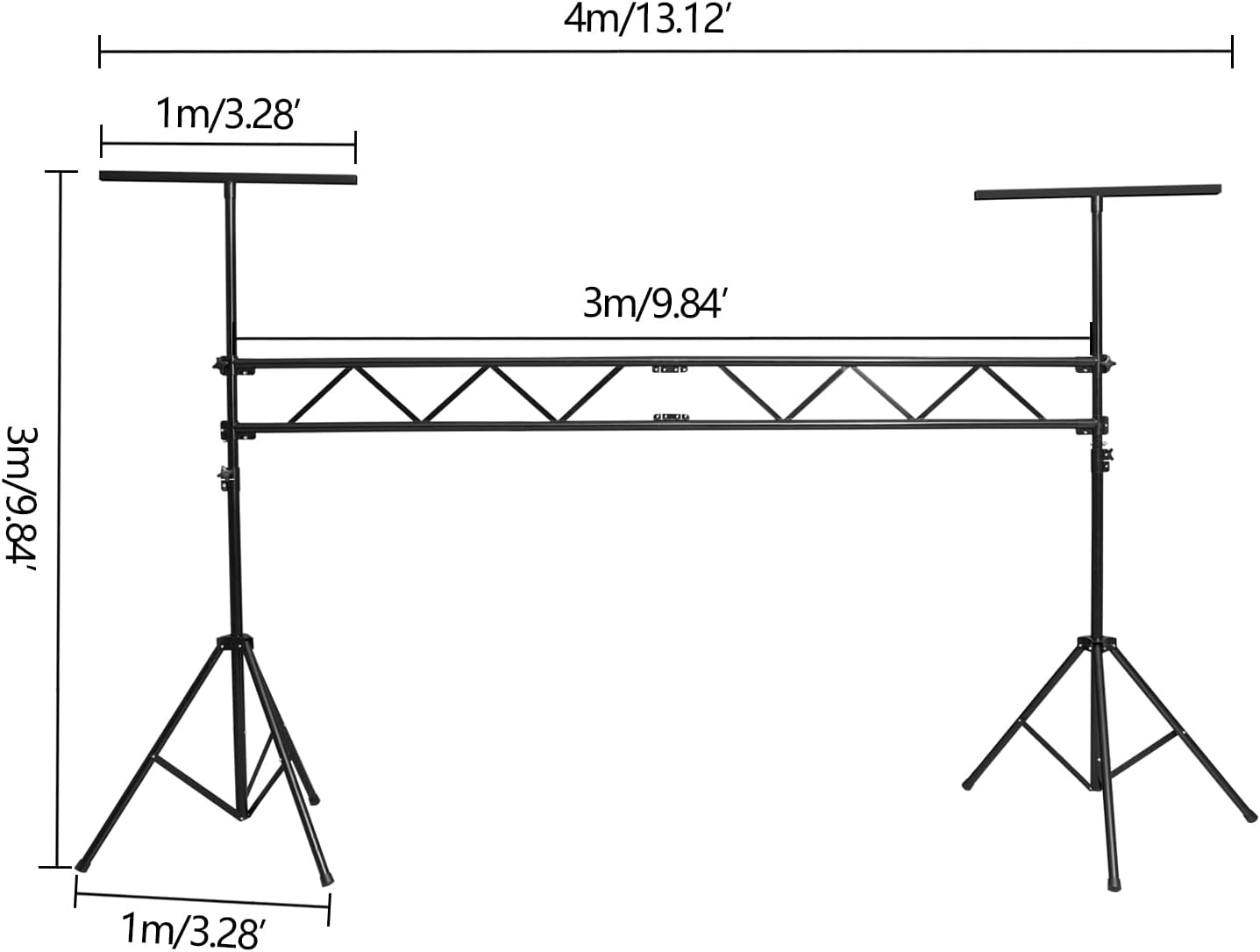 DJ Light Stand Adjustable Height, 9.84ft Tall with Truss, Free Standing T-Bar Trussing Stage System, Heavy Duty Metal Lighting Truss with 176.3Lbs Load-Bearing Capacity for Wedding Concert