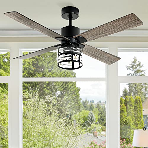 Yitahome Farmhouse Ceiling Fans With Light And Wall Switch Remote, 52 Inch Industrial Outdoor Fan With 3 Bulbs, Clear Glass, Quiet Reversible Motor, For Bedroom Living Room Patio Indoor, Matte Black #TOP1