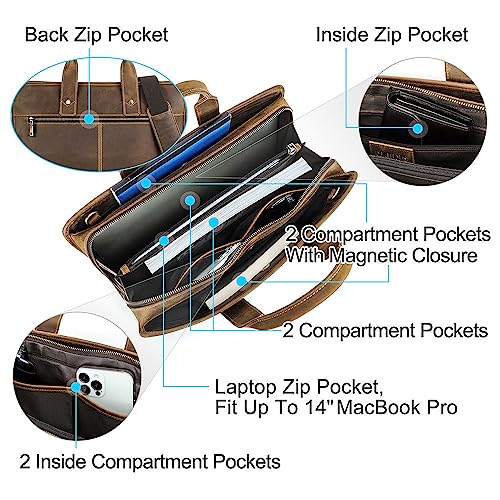 Contacts Genuine Leather Briefcase for Men 14" Laptop Bag Crazy Horse Leather Messenger Bag Satchel Handbag4