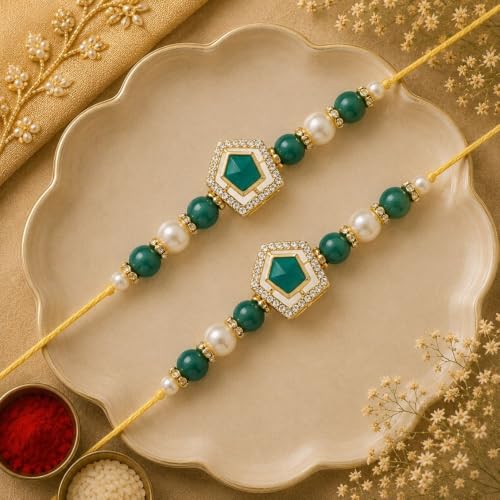 Image of I Jewels Designer Kundan Pearl Combo Rakhi Set of 2 with Roli Chawal & Rakshabandhan Card For Brother /Bro /Bhai /Men