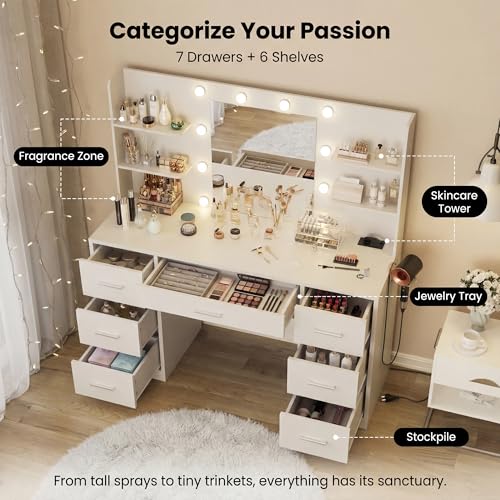 Image of Furmax Vanity Desk with Mirror, LED Lights and Power Outlet Makeup Vanity Table with 7 Drawers and 6 Storage Shelves Dressing Table for Bedroom Dressing Room (Bright White)