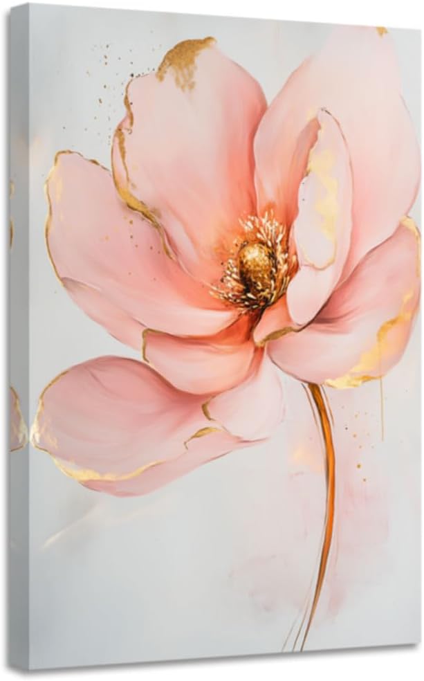 CGXLB Pink Floral Canvas Wall Art for Bathroom Blush Pink Petals Gold Pictures for Woman Bedroom Abstract Flower Painting Prints Modern Feminine Decor for Living Room 12"x18"