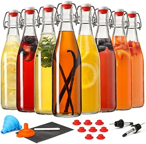 AOZITA 8 Set, 16 OZ Swing Top Glass Bottles - Flip Top Beer Brewing Bottles for 2nd Fermentation, Kombucha, Kefir, Vanilla Extract, Coquito, Liquor, Juice, Tea - Airtight Caps, Bonus 2 Bottle Pourers
