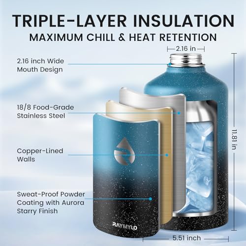 Image of RAYMYLO 128oz Insulated Water Bottle, Triple Wall Vacuum Stainless Steel Water Bottles - Keeps Cold 48H, Reusable One Gallon Jug for Gym, Sports, Camping, Hiking,Travel, Starry Sky-Indigo /Black