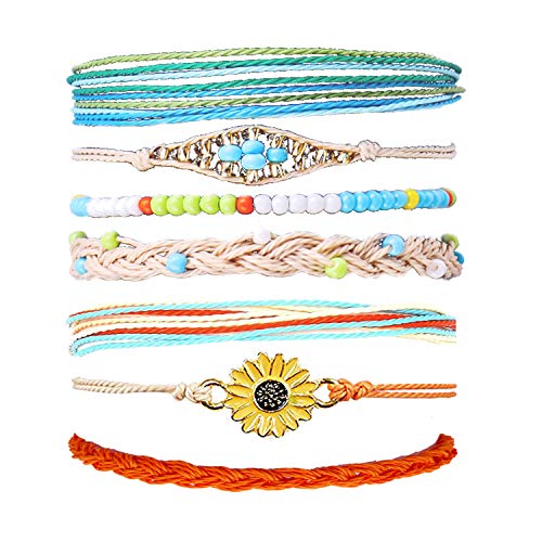 Image of Frodete 2Set Sunflower Braided Bracelet Adjustable Waterproof Wax Rope Bracelet Handmade Boho Beaded Jewelry