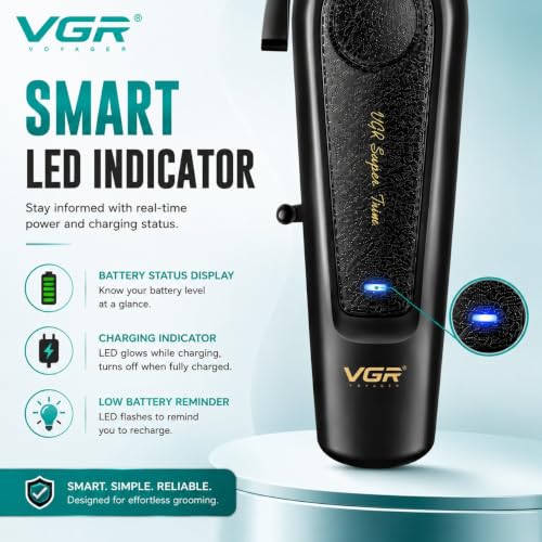 Image of VGR V-197 Professional Hair Clipper for Men | 7000 RPM High-Speed Motor | 200 Min Runtime | 2000mAh Lithium Battery | Ceramic & Stainless Steel Blade | USB Type-C Charging | LED Display | Adjustable Taper Lever | Corded & Cordless | 6 Guide Combs